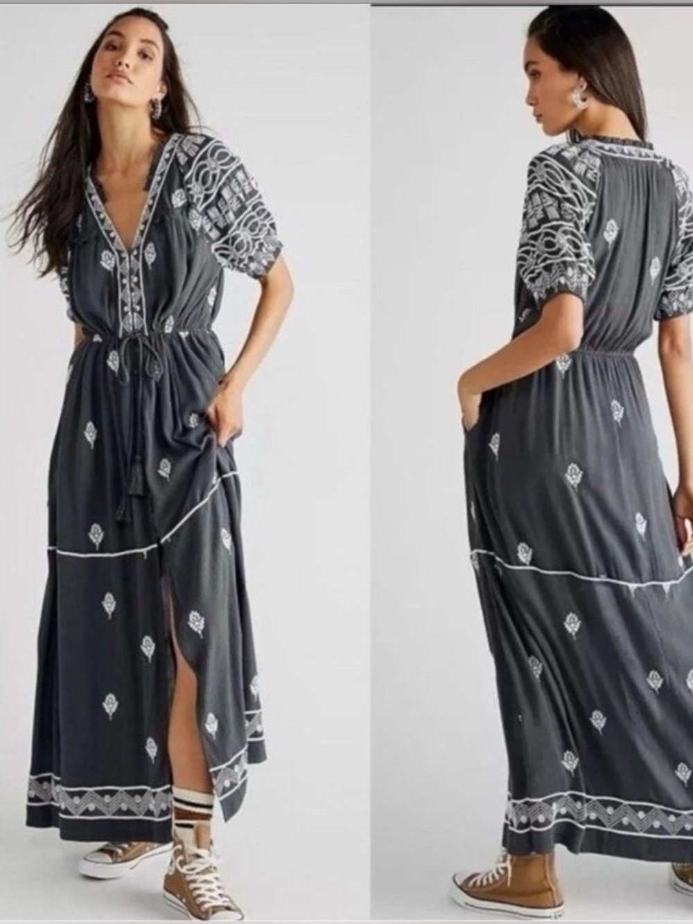 Free People Dress Riley Embroidered Maxi Dress Duster Greyed Olive button front